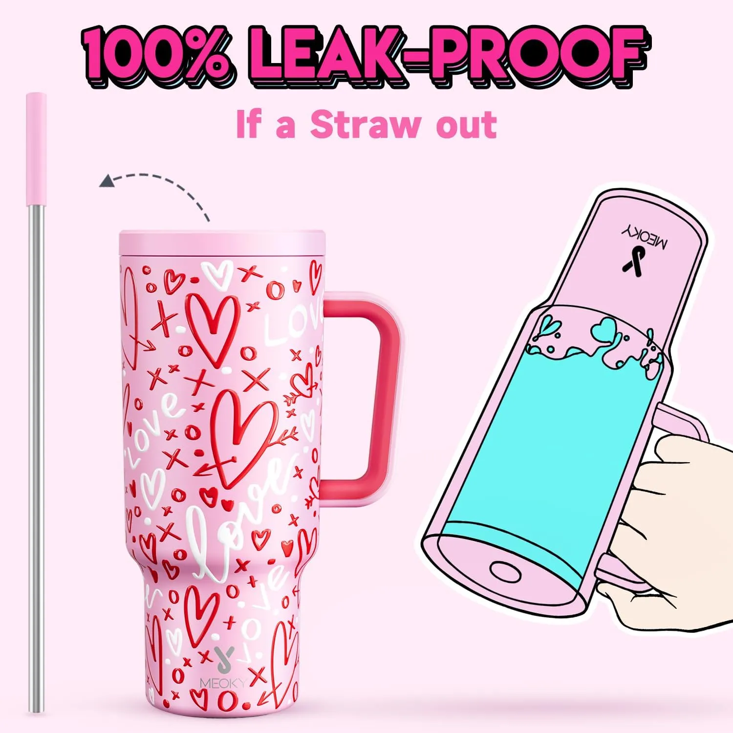 Meoky 40 oz Tumbler with Handle and Straw, Valentines Day Tumbler with Lid and Straw, Insulated Stainless Steel Travel Mug, 100% Leak-proof, Keeps Cold for 34 Hours or Hot for 10 Hours (Fancy)