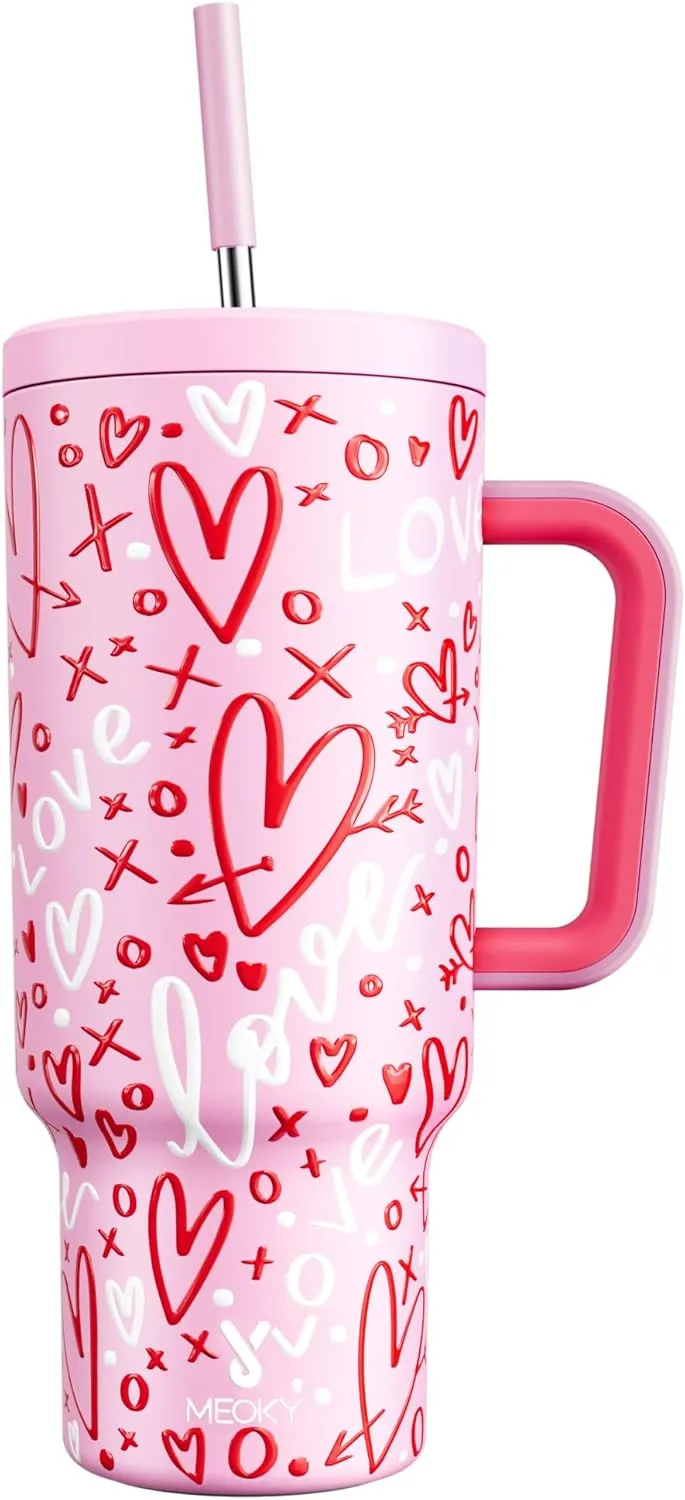 Meoky 40 oz Tumbler with Handle and Straw, Valentines Day Tumbler with Lid and Straw, Insulated Stainless Steel Travel Mug, 100% Leak-proof, Keeps Cold for 34 Hours or Hot for 10 Hours (Fancy)