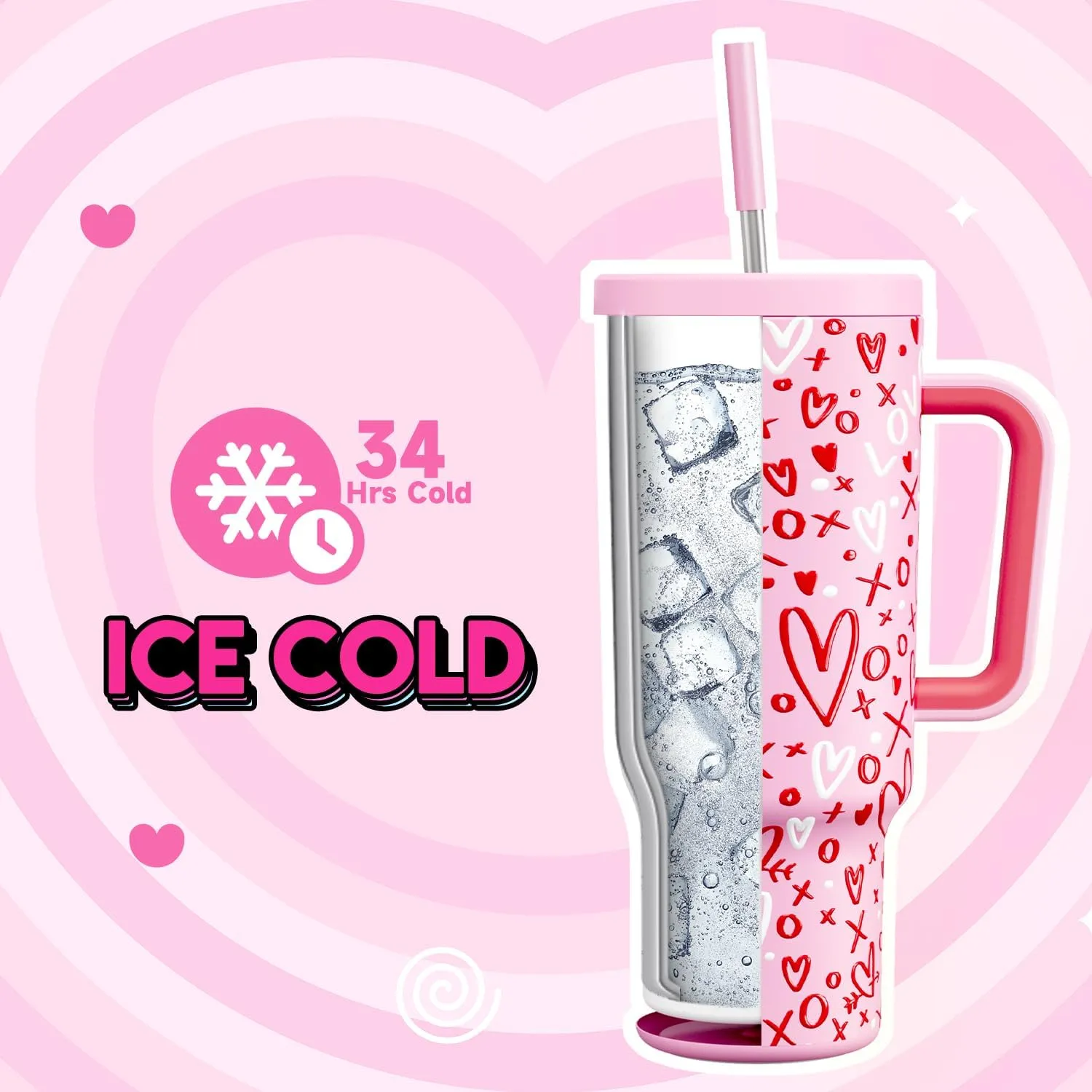 Meoky 40 oz Tumbler with Handle and Straw, Valentines Day Tumbler with Lid and Straw, Insulated Stainless Steel Travel Mug, 100% Leak-proof, Keeps Cold for 34 Hours or Hot for 10 Hours (Fancy)