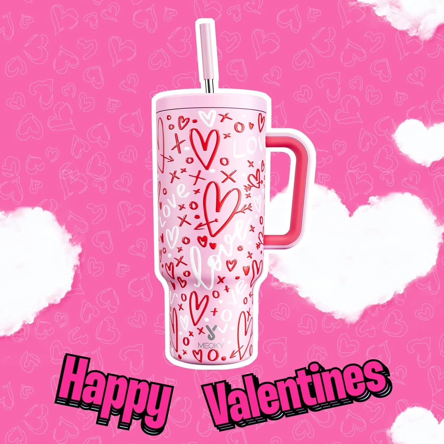 Meoky 40 oz Tumbler with Handle and Straw, Valentines Day Tumbler with Lid and Straw, Insulated Stainless Steel Travel Mug, 100% Leak-proof, Keeps Cold for 34 Hours or Hot for 10 Hours (Fancy)