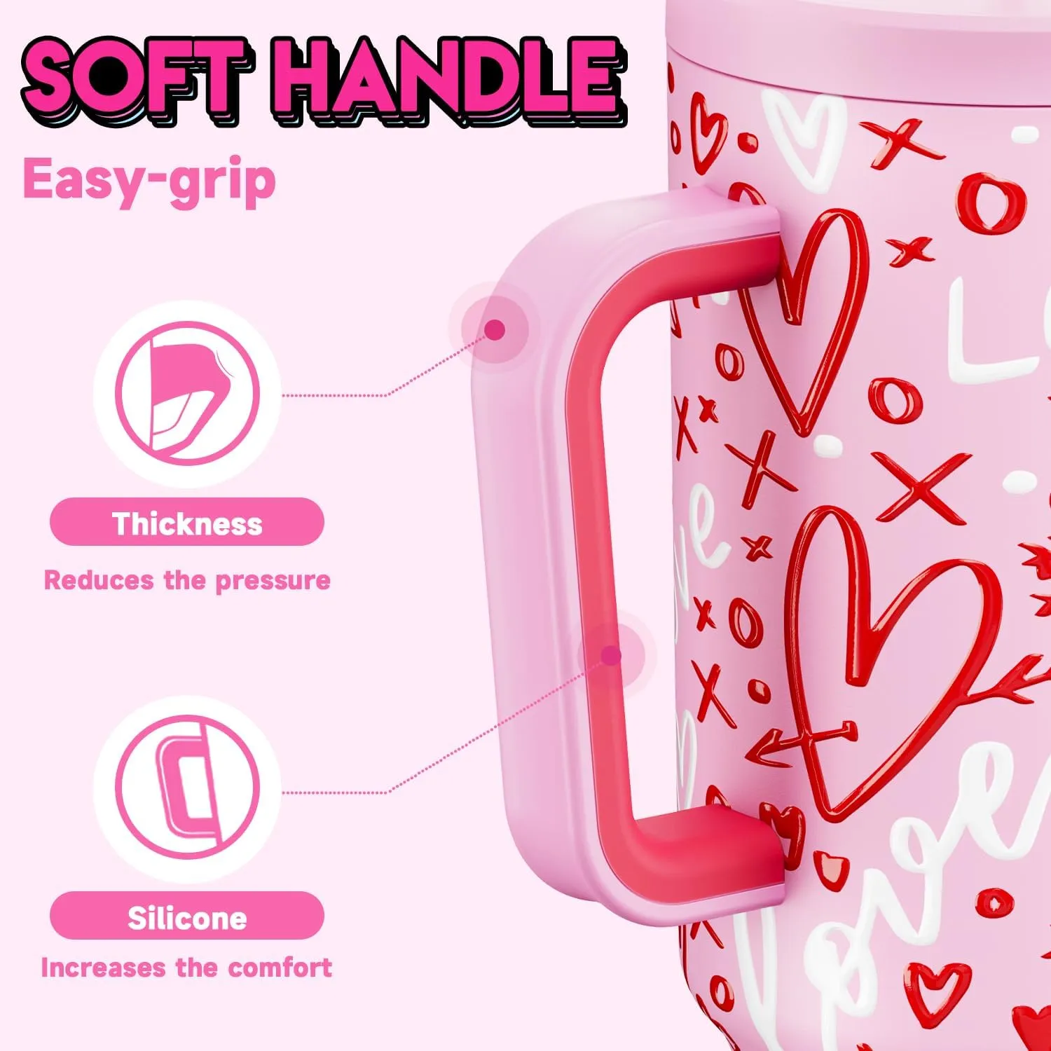 Meoky 40 oz Tumbler with Handle and Straw, Valentines Day Tumbler with Lid and Straw, Insulated Stainless Steel Travel Mug, 100% Leak-proof, Keeps Cold for 34 Hours or Hot for 10 Hours (Fancy)