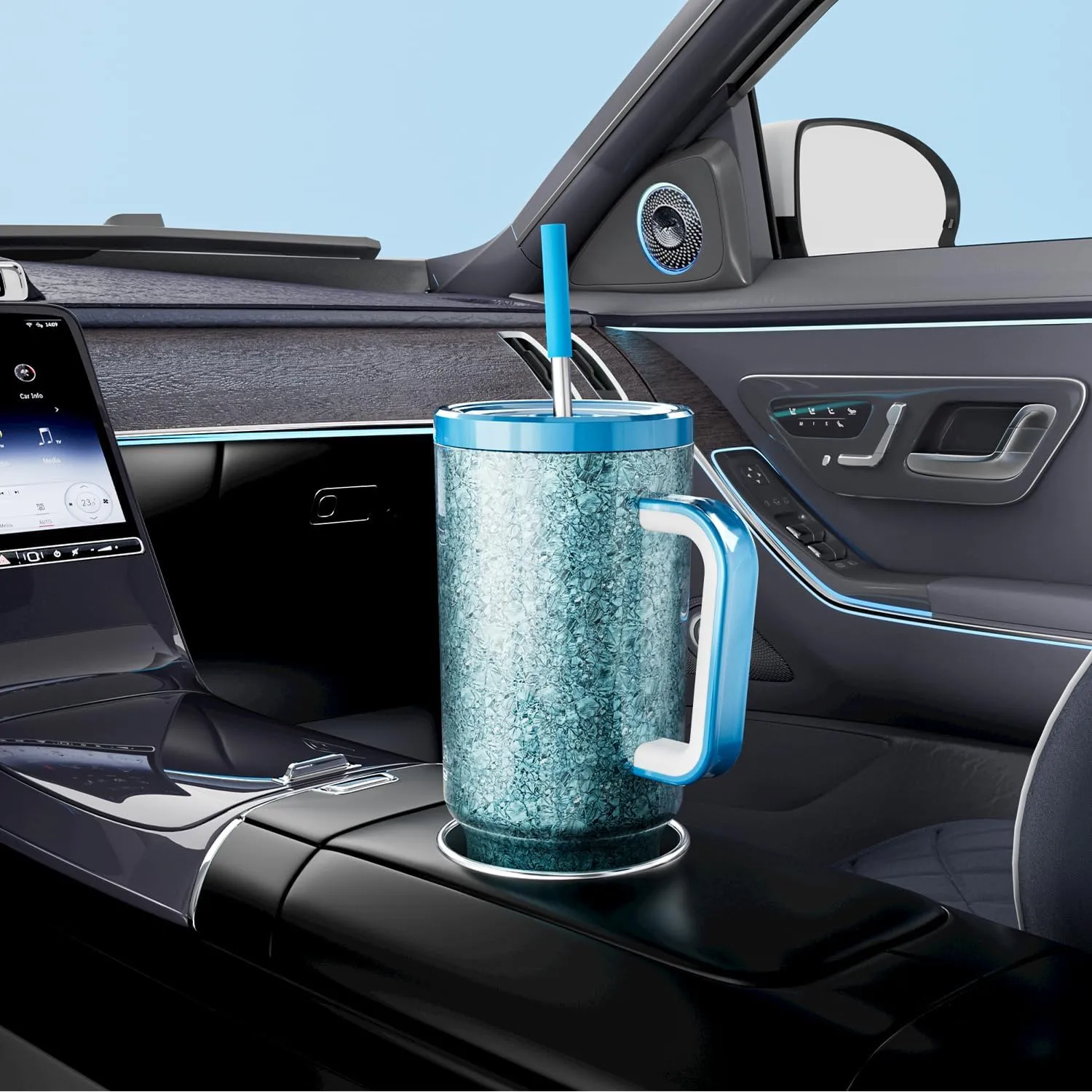Meoky 40 oz Tumbler with Handle for Travel: Stainless Steel Insulated Tumbler with Lid and Straw - 100% Leak Proof Tumbler for Car Road Trips - Travelers Commuters Workers, Crystal