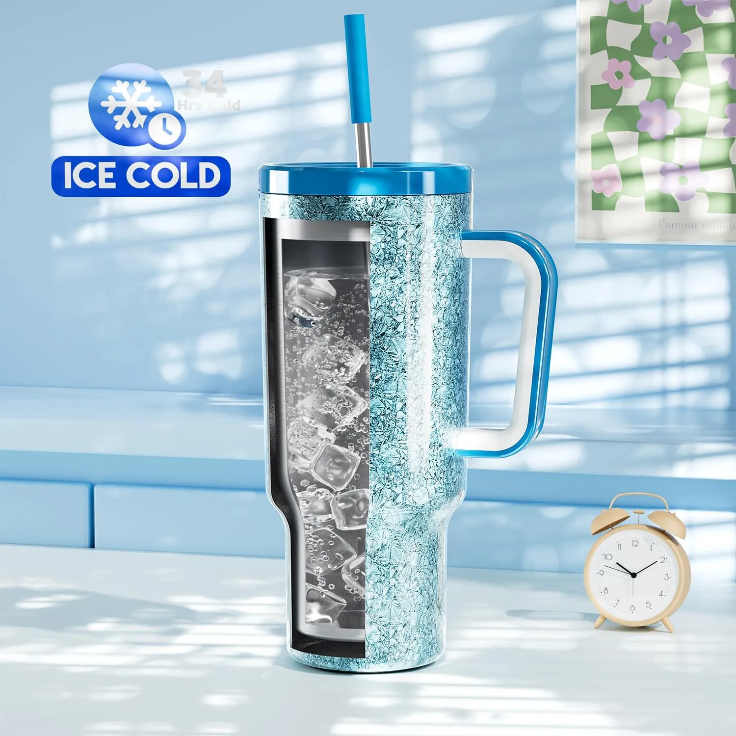 Meoky 40 oz Tumbler with Handle for Travel: Stainless Steel Insulated Tumbler with Lid and Straw - 100% Leak Proof Tumbler for Car Road Trips - Travelers Commuters Workers, Crystal