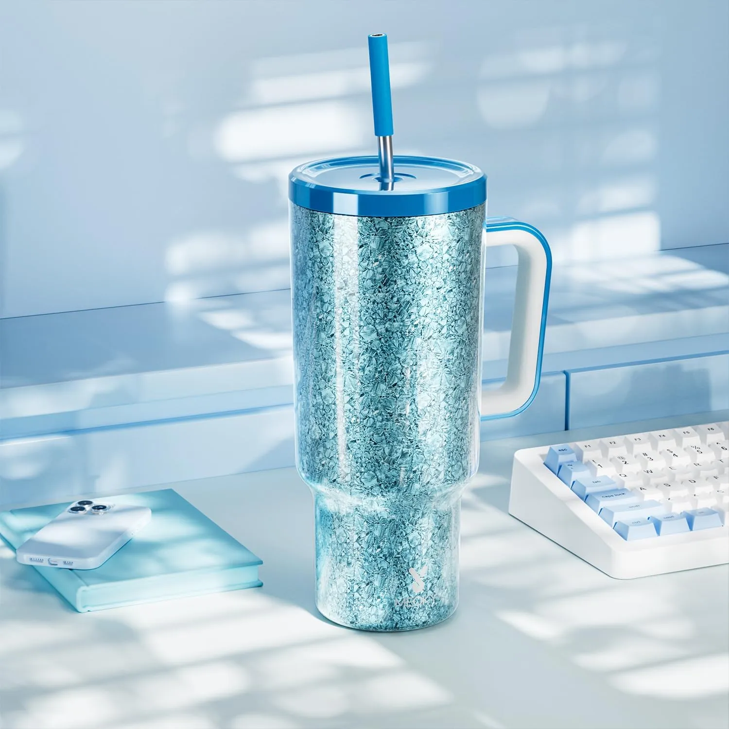 Meoky 40 oz Tumbler with Handle for Travel: Stainless Steel Insulated Tumbler with Lid and Straw - 100% Leak Proof Tumbler for Car Road Trips - Travelers Commuters Workers, Crystal