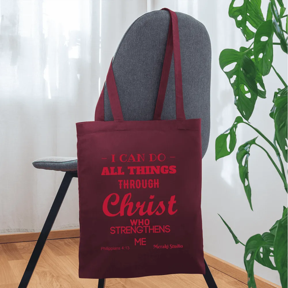 Meraki studio I can do all things through christ who strengthens me patten print Christian Bible verseTote Bag