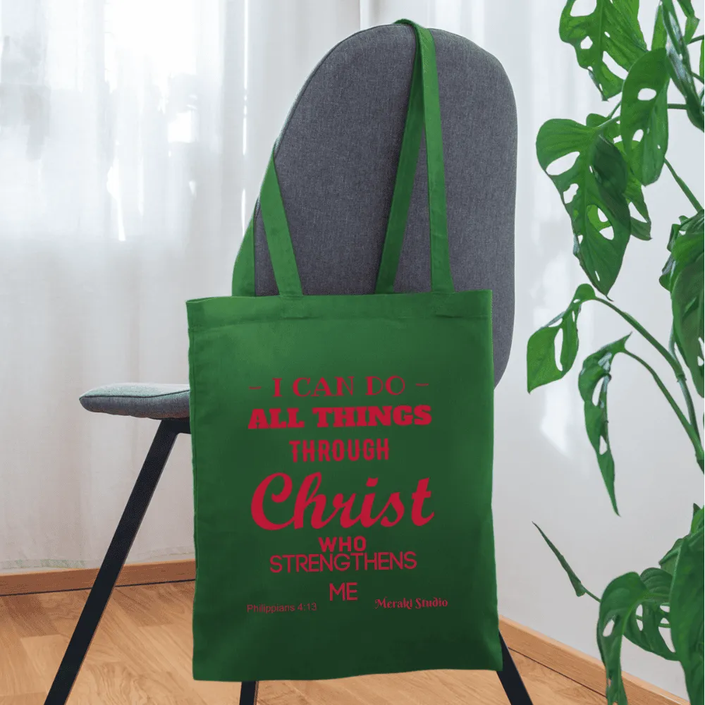 Meraki studio I can do all things through christ who strengthens me patten print Christian Bible verseTote Bag
