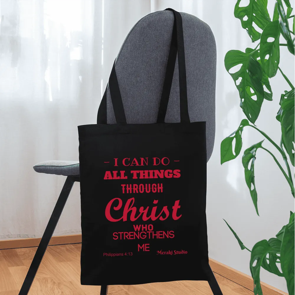 Meraki studio I can do all things through christ who strengthens me patten print Christian Bible verseTote Bag