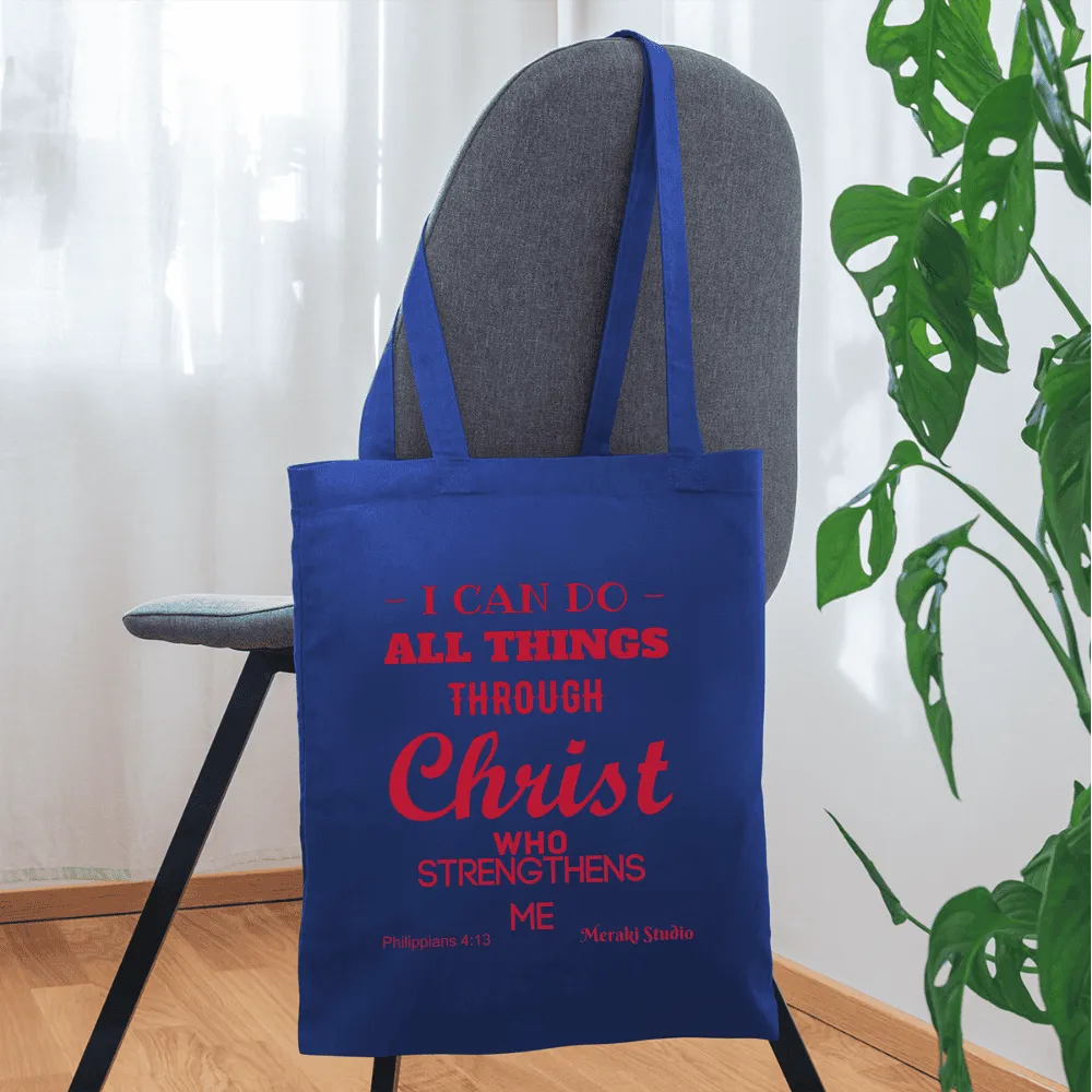 Meraki studio I can do all things through christ who strengthens me patten print Christian Bible verseTote Bag