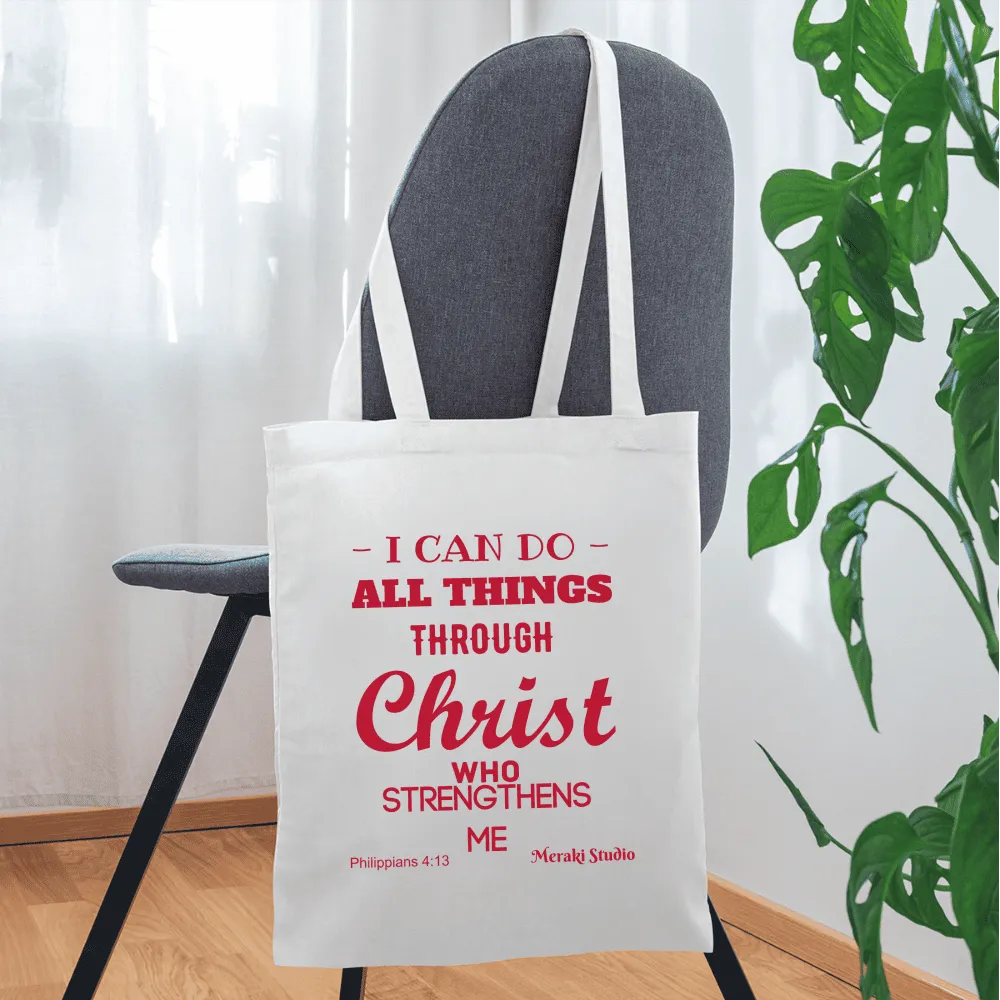 Meraki studio I can do all things through christ who strengthens me patten print Christian Bible verseTote Bag