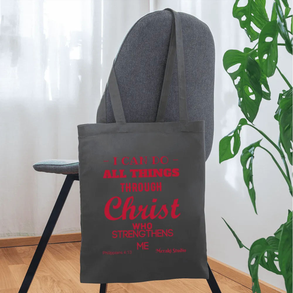 Meraki studio I can do all things through christ who strengthens me patten print Christian Bible verseTote Bag