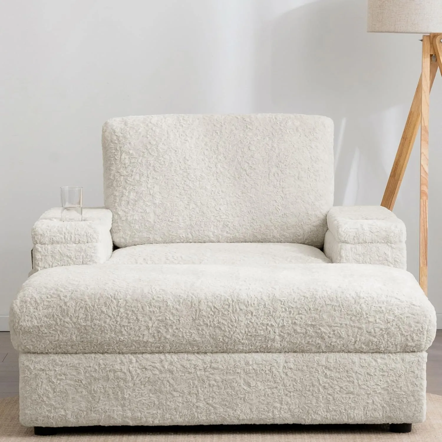 Merax Oversized Chaise Lounge Chair Indoor with Storage Armrest & Ottoman, Cup Holders, Faux Rabbit Fur Upholstered Sleeper Sofa Bed Couch, Deep Seat Reading Recliner for Living Room Bedroom, Beige