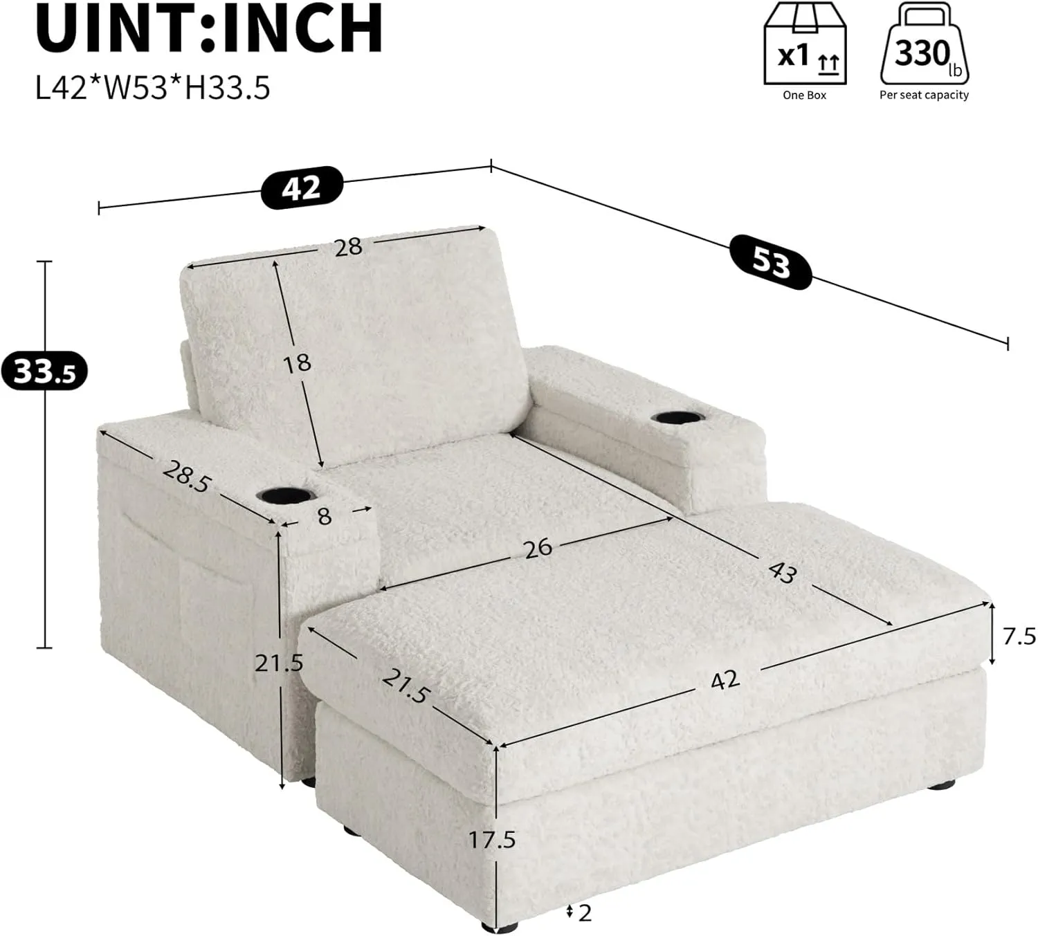 Merax Oversized Chaise Lounge Chair Indoor with Storage Armrest & Ottoman, Cup Holders, Faux Rabbit Fur Upholstered Sleeper Sofa Bed Couch, Deep Seat Reading Recliner for Living Room Bedroom, Beige