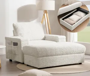 Merax Oversized Chaise Lounge Chair Indoor with Storage Armrest & Ottoman, Cup Holders, Faux Rabbit Fur Upholstered Sleeper Sofa Bed Couch, Deep Seat Reading Recliner for Living Room Bedroom, Beige