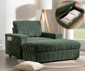 Merax Oversized Sleeper Chair with Storage Armrest & Ottoman, Cup Holders, Faux Rabbit Fur Upholstered Chaise Lounge Recliner, Deep Seat Reading Couch Sofa Bed for Living Room Bedroom, Antique Green