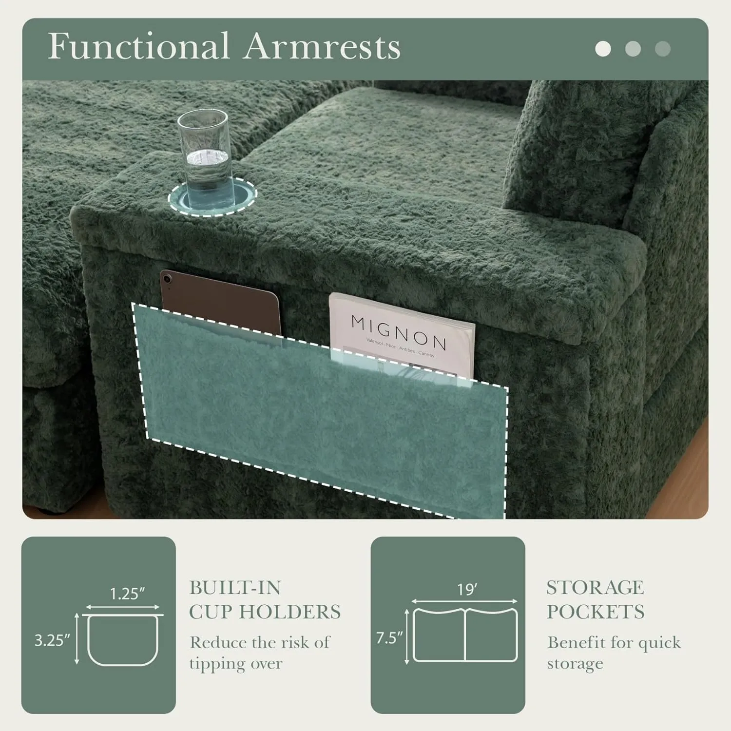 Merax Oversized Sleeper Chair with Storage Armrest & Ottoman, Cup Holders, Faux Rabbit Fur Upholstered Chaise Lounge Recliner, Deep Seat Reading Couch Sofa Bed for Living Room Bedroom, Antique Green
