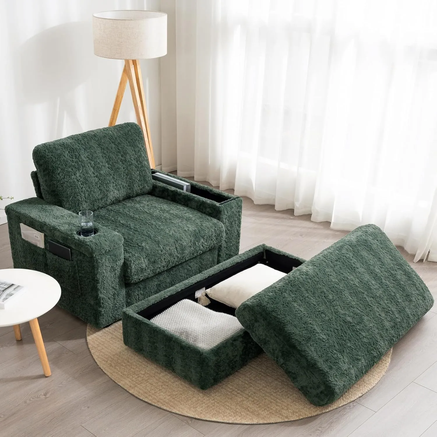 Merax Oversized Sleeper Chair with Storage Armrest & Ottoman, Cup Holders, Faux Rabbit Fur Upholstered Chaise Lounge Recliner, Deep Seat Reading Couch Sofa Bed for Living Room Bedroom, Antique Green