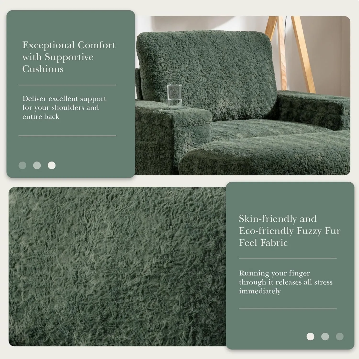 Merax Oversized Sleeper Chair with Storage Armrest & Ottoman, Cup Holders, Faux Rabbit Fur Upholstered Chaise Lounge Recliner, Deep Seat Reading Couch Sofa Bed for Living Room Bedroom, Antique Green