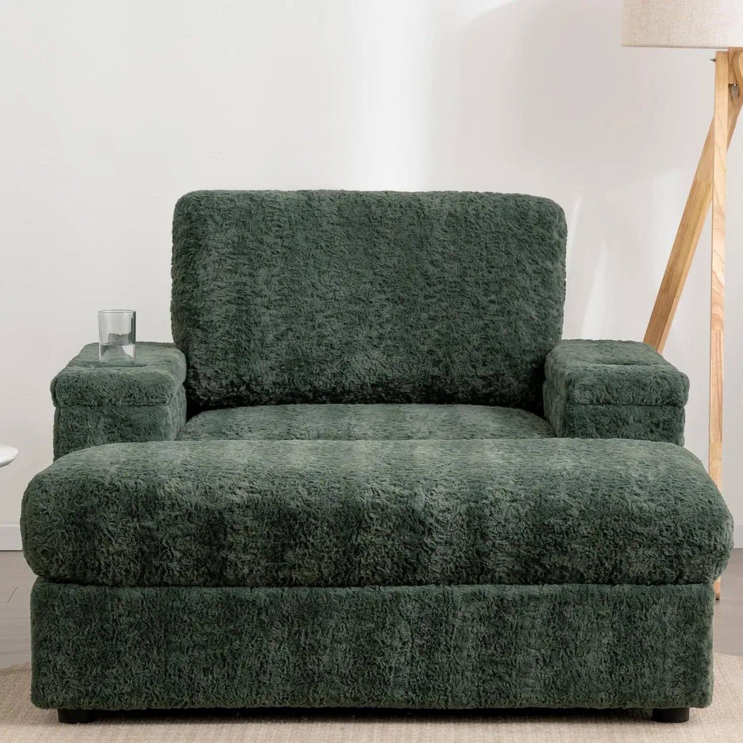 Merax Oversized Sleeper Chair with Storage Armrest & Ottoman, Cup Holders, Faux Rabbit Fur Upholstered Chaise Lounge Recliner, Deep Seat Reading Couch Sofa Bed for Living Room Bedroom, Antique Green
