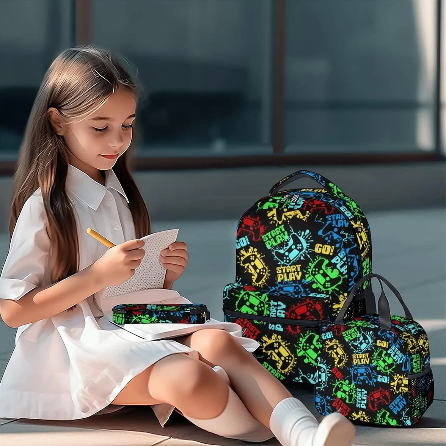 Mercuryelf Backpack and Lunch Box Set - 17 Inch Boys Gaming Bookbag with Lunch Bag and Pencil for Primary Middle - Cute 3 in 1 Gamer Backpacks Set