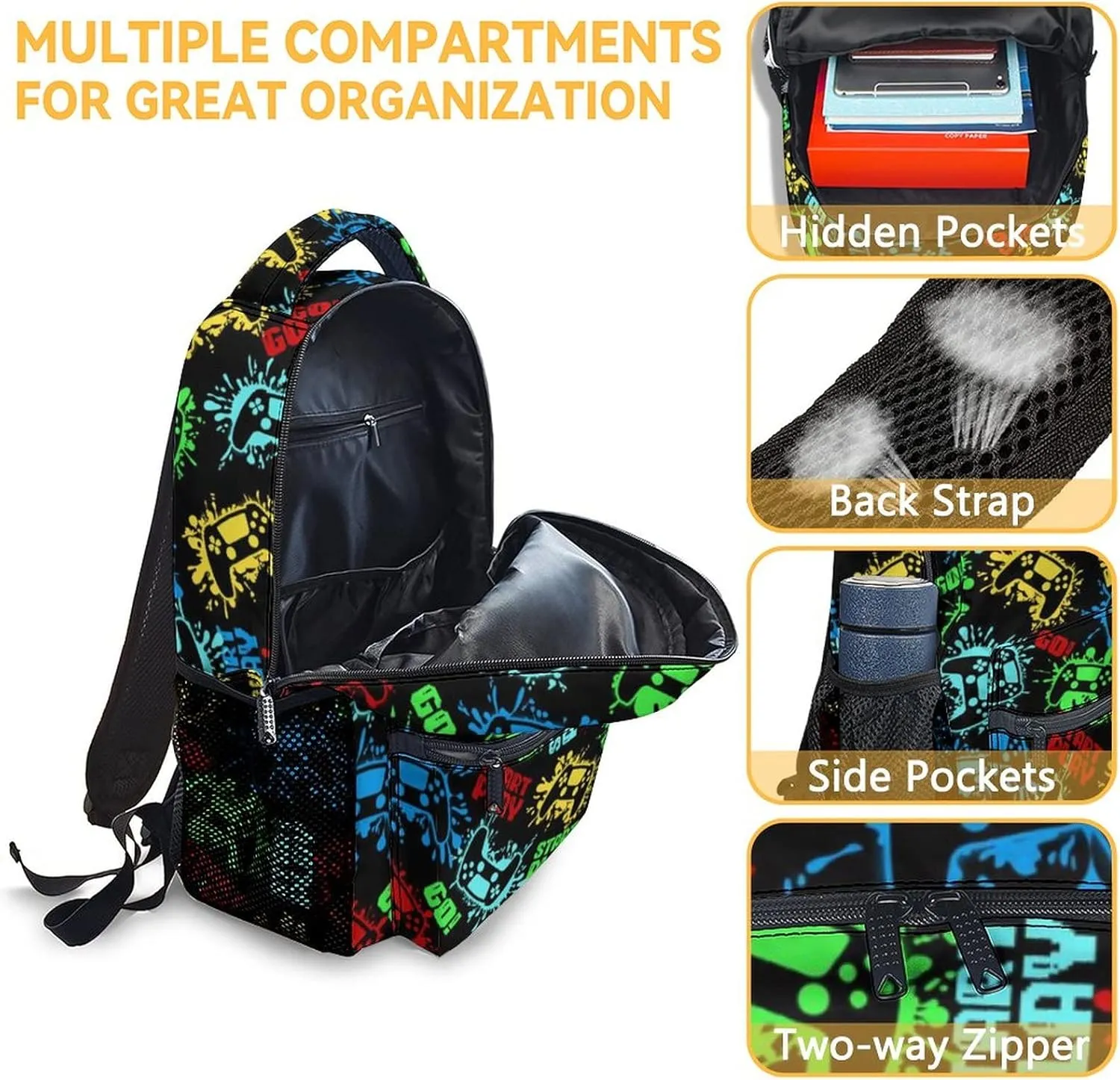 Mercuryelf Backpack and Lunch Box Set - 17 Inch Boys Gaming Bookbag with Lunch Bag and Pencil for Primary Middle - Cute 3 in 1 Gamer Backpacks Set