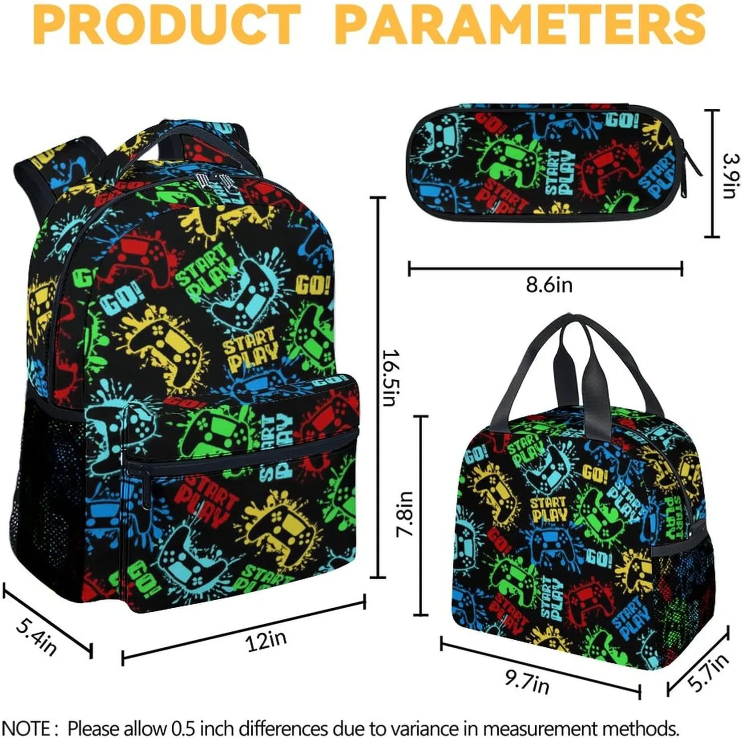Mercuryelf Backpack and Lunch Box Set - 17 Inch Boys Gaming Bookbag with Lunch Bag and Pencil for Primary Middle - Cute 3 in 1 Gamer Backpacks Set