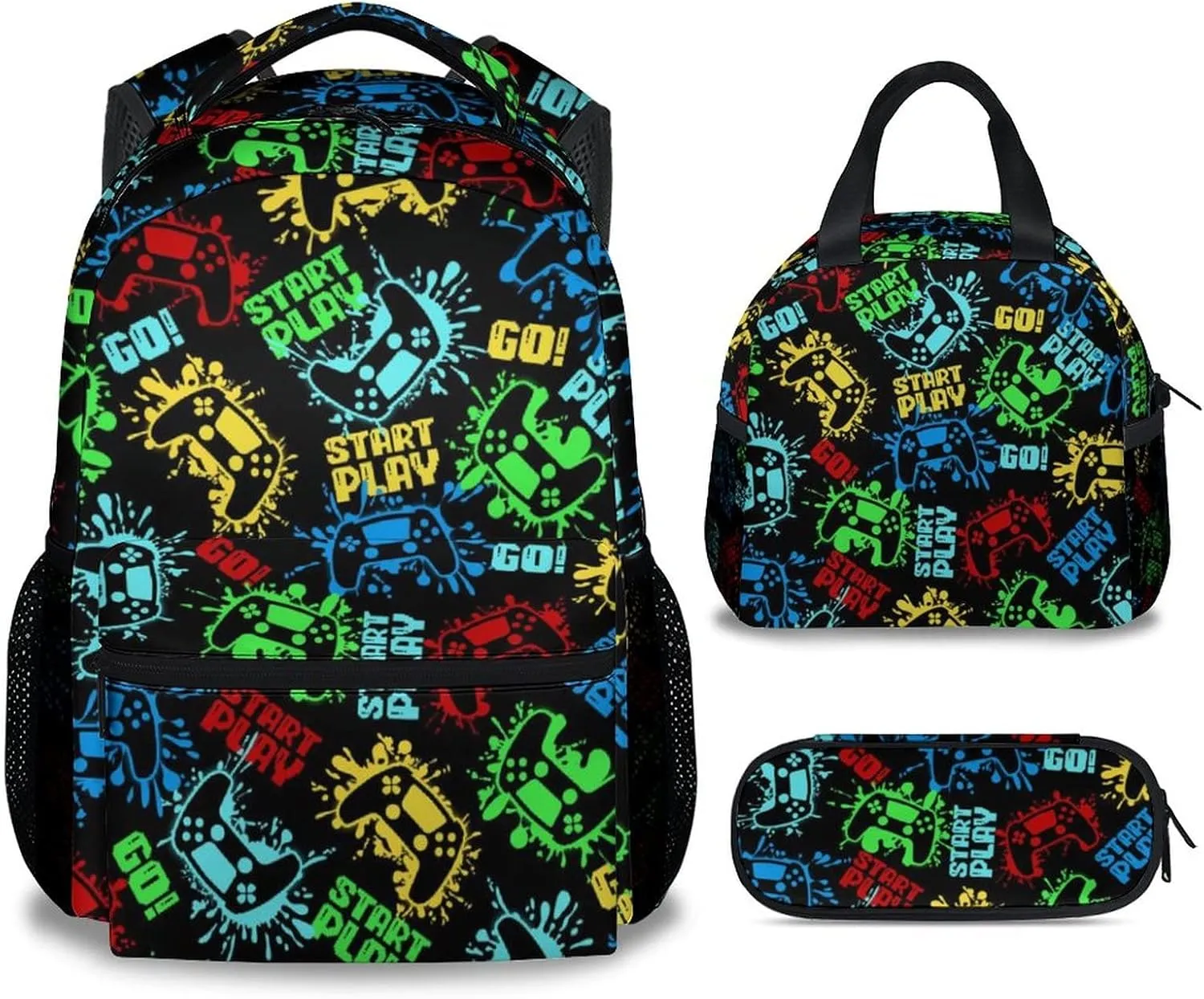 Mercuryelf Backpack and Lunch Box Set - 17 Inch Boys Gaming Bookbag with Lunch Bag and Pencil for Primary Middle - Cute 3 in 1 Gamer Backpacks Set