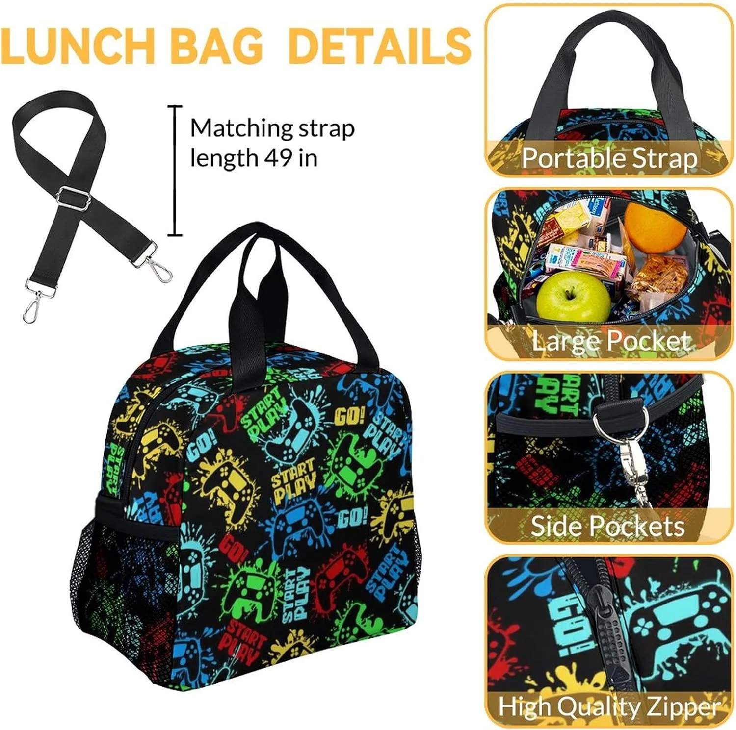 Mercuryelf Backpack and Lunch Box Set - 17 Inch Boys Gaming Bookbag with Lunch Bag and Pencil for Primary Middle - Cute 3 in 1 Gamer Backpacks Set