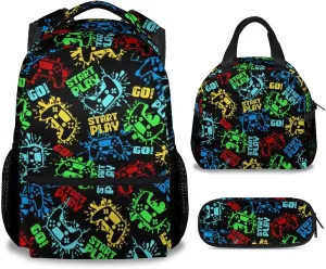 Mercuryelf Backpack and Lunch Box Set - 17 Inch Boys Gaming Bookbag with Lunch Bag and Pencil for Primary Middle - Cute 3 in 1 Gamer Backpacks Set