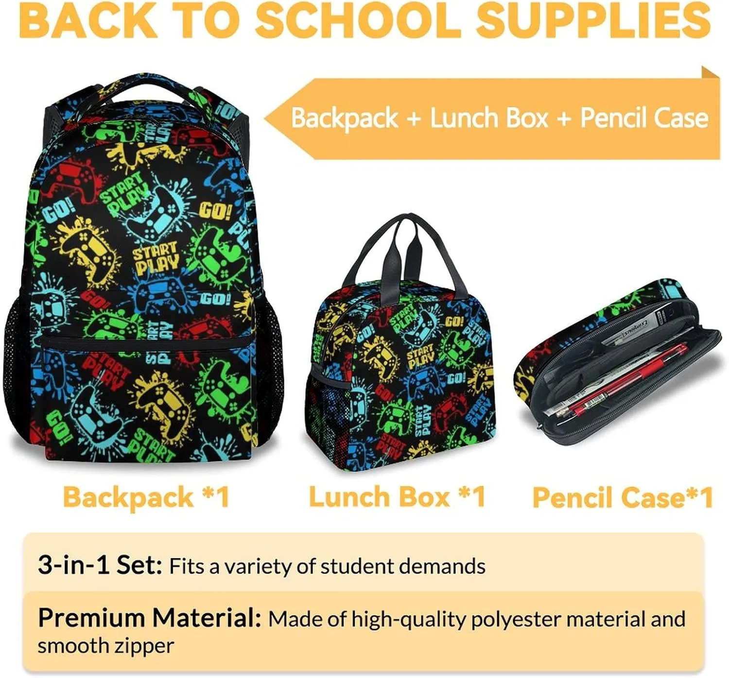 Mercuryelf Backpack and Lunch Box Set - 17 Inch Boys Gaming Bookbag with Lunch Bag and Pencil for Primary Middle - Cute 3 in 1 Gamer Backpacks Set