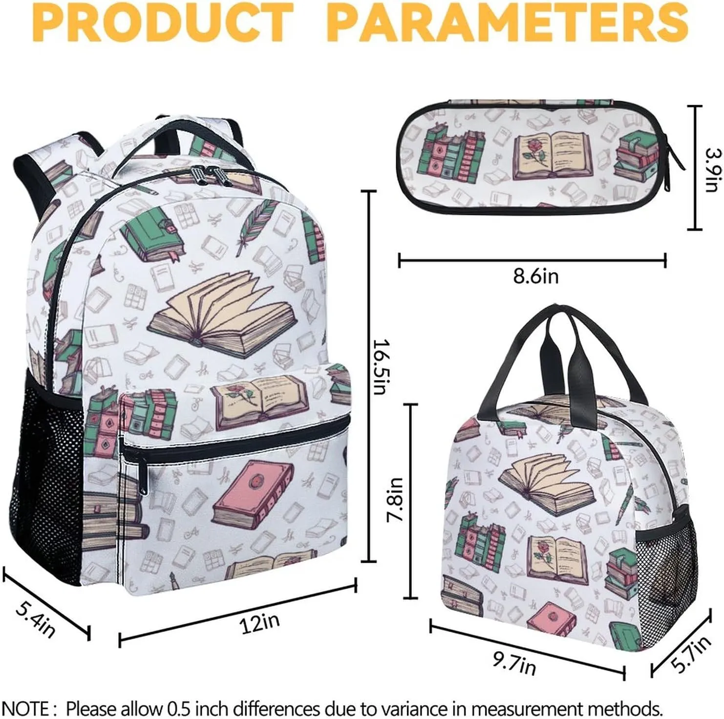 Mercuryelf Book Girls Boys Backpack with Lunch Box Set, 3 in 1 School Backpacks Matching Combo, Fashion Beige Bookbag and Pencil Case Bundle