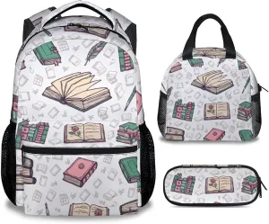 Mercuryelf Book Girls Boys Backpack with Lunch Box Set, 3 in 1 School Backpacks Matching Combo, Fashion Beige Bookbag and Pencil Case Bundle