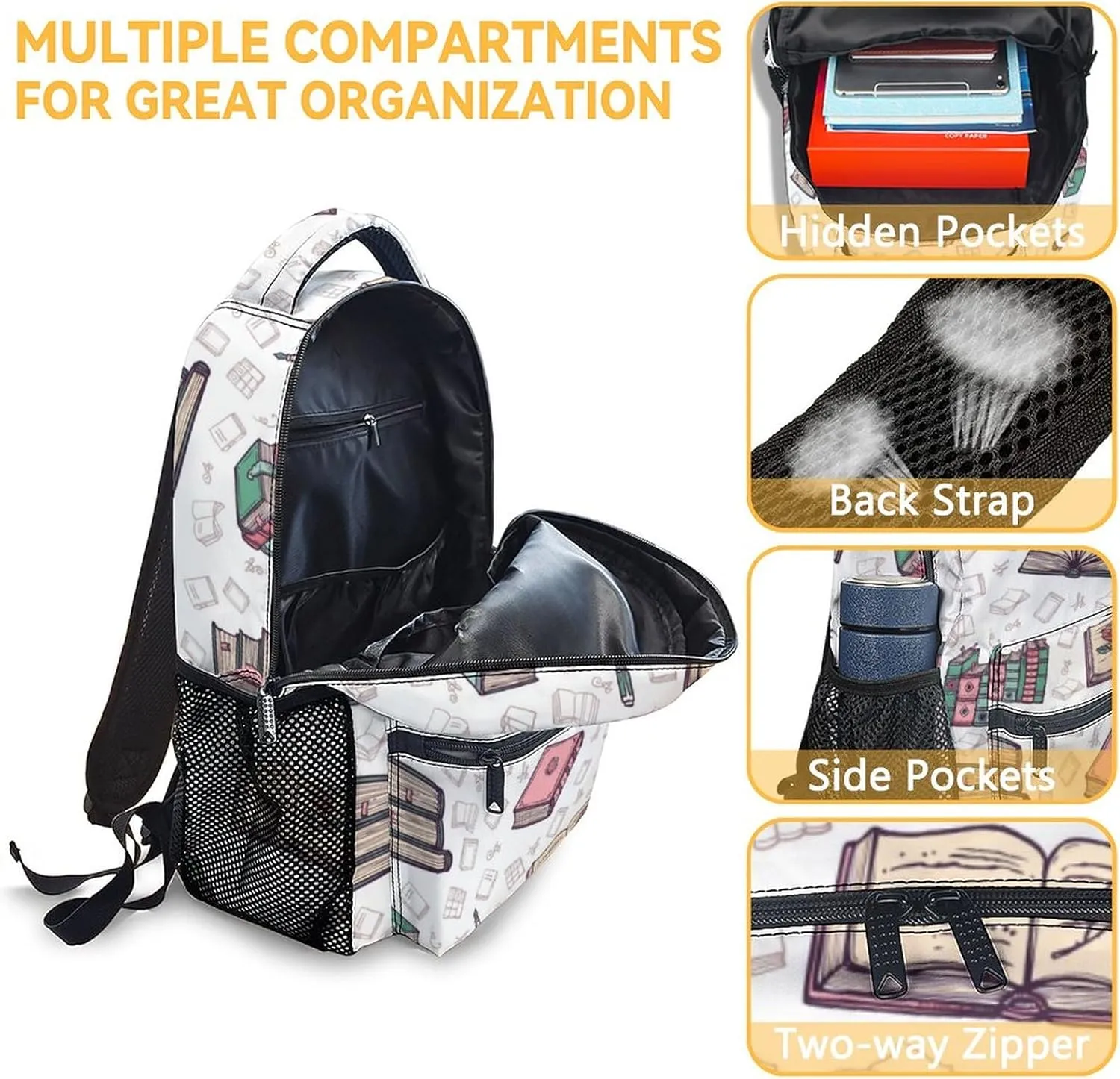 Mercuryelf Book Girls Boys Backpack with Lunch Box Set, 3 in 1 School Backpacks Matching Combo, Fashion Beige Bookbag and Pencil Case Bundle