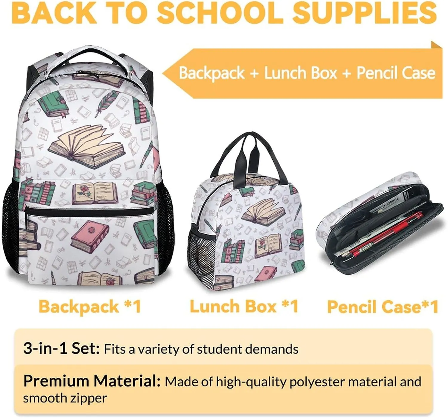 Mercuryelf Book Girls Boys Backpack with Lunch Box Set, 3 in 1 School Backpacks Matching Combo, Fashion Beige Bookbag and Pencil Case Bundle