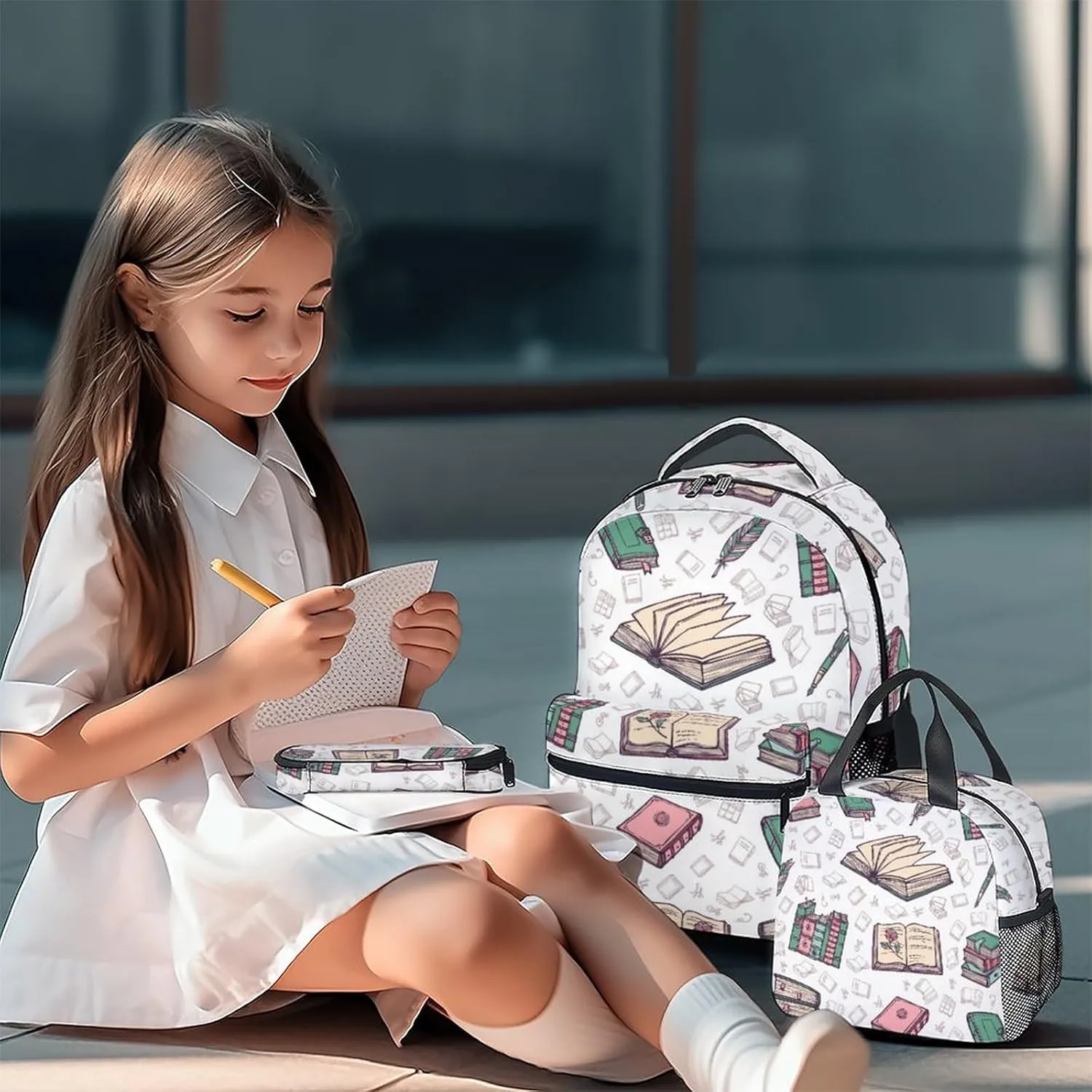 Mercuryelf Book Girls Boys Backpack with Lunch Box Set, 3 in 1 School Backpacks Matching Combo, Fashion Beige Bookbag and Pencil Case Bundle