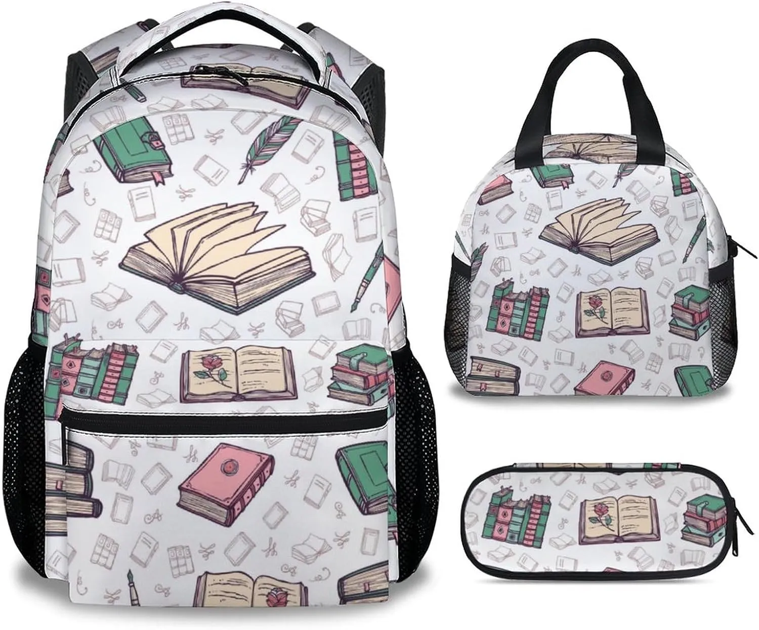 Mercuryelf Book Girls Boys Backpack with Lunch Box Set, 3 in 1 School Backpacks Matching Combo, Fashion Beige Bookbag and Pencil Case Bundle