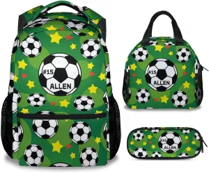 Mercuryelf Personalized Soccer Boys Girls Backpack with Lunch Box Set, 3 in 1 School Travel Backpacks Matching Combo, Fashion Green Bookbag and Pencil Case Bundle