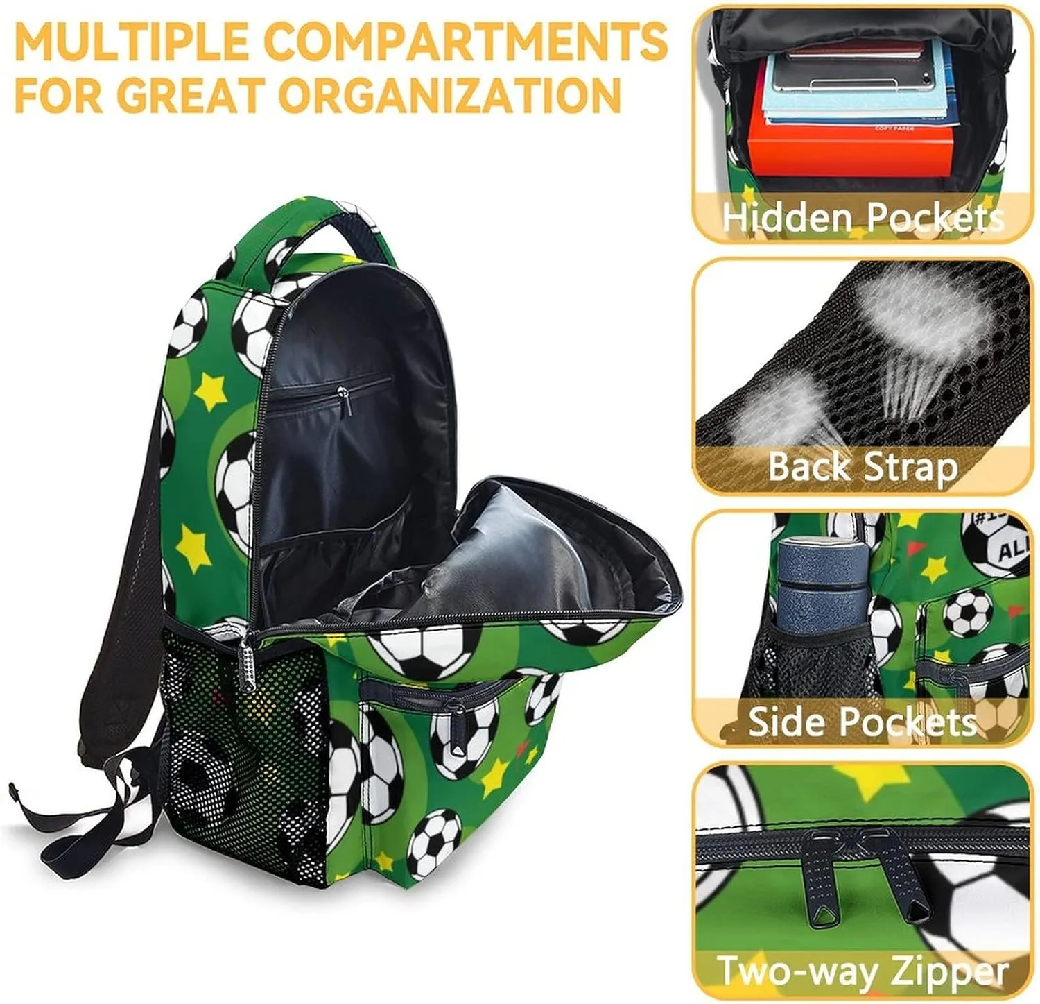 Mercuryelf Personalized Soccer Boys Girls Backpack with Lunch Box Set, 3 in 1 School Travel Backpacks Matching Combo, Fashion Green Bookbag and Pencil Case Bundle