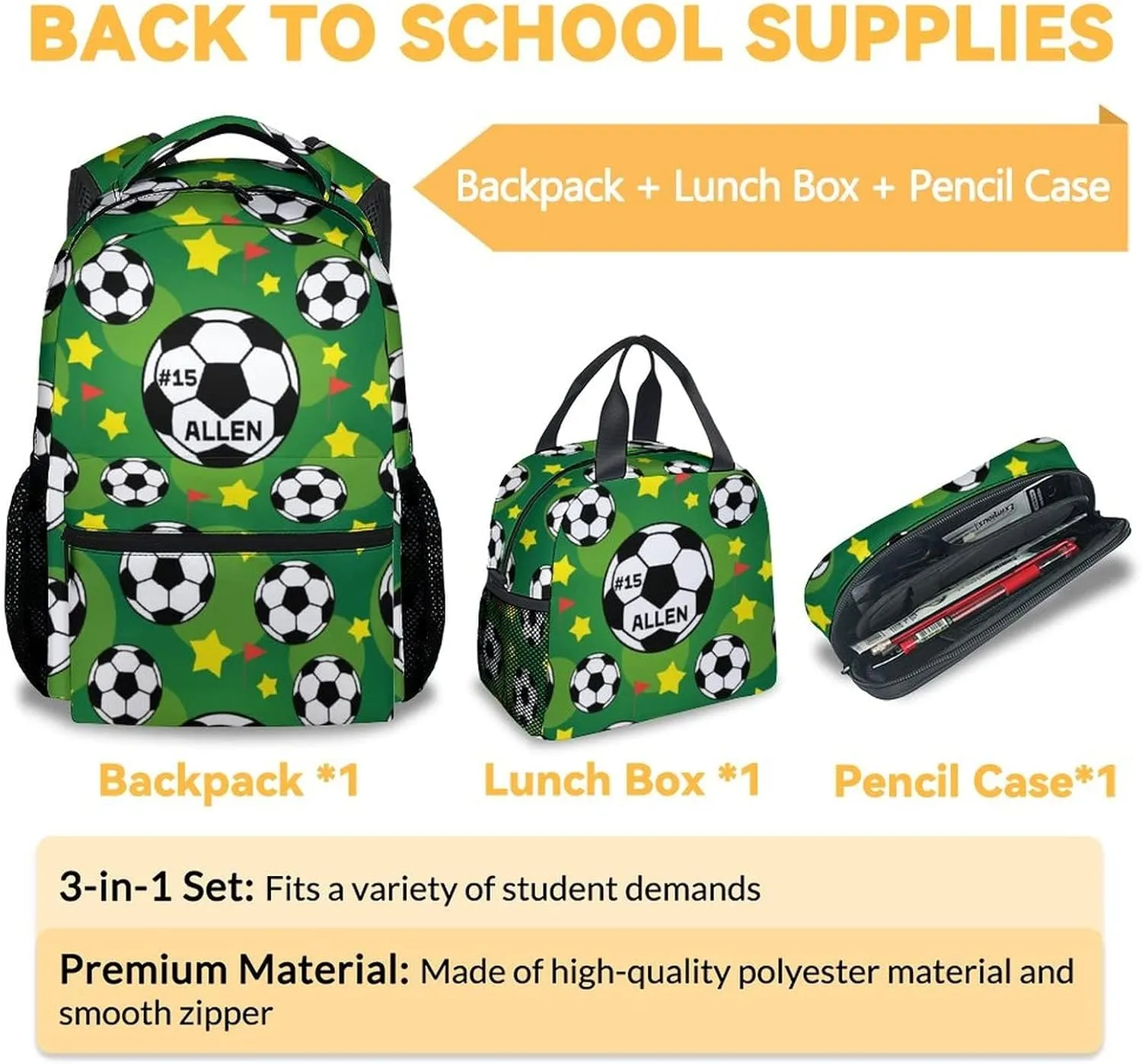 Mercuryelf Personalized Soccer Boys Girls Backpack with Lunch Box Set, 3 in 1 School Travel Backpacks Matching Combo, Fashion Green Bookbag and Pencil Case Bundle