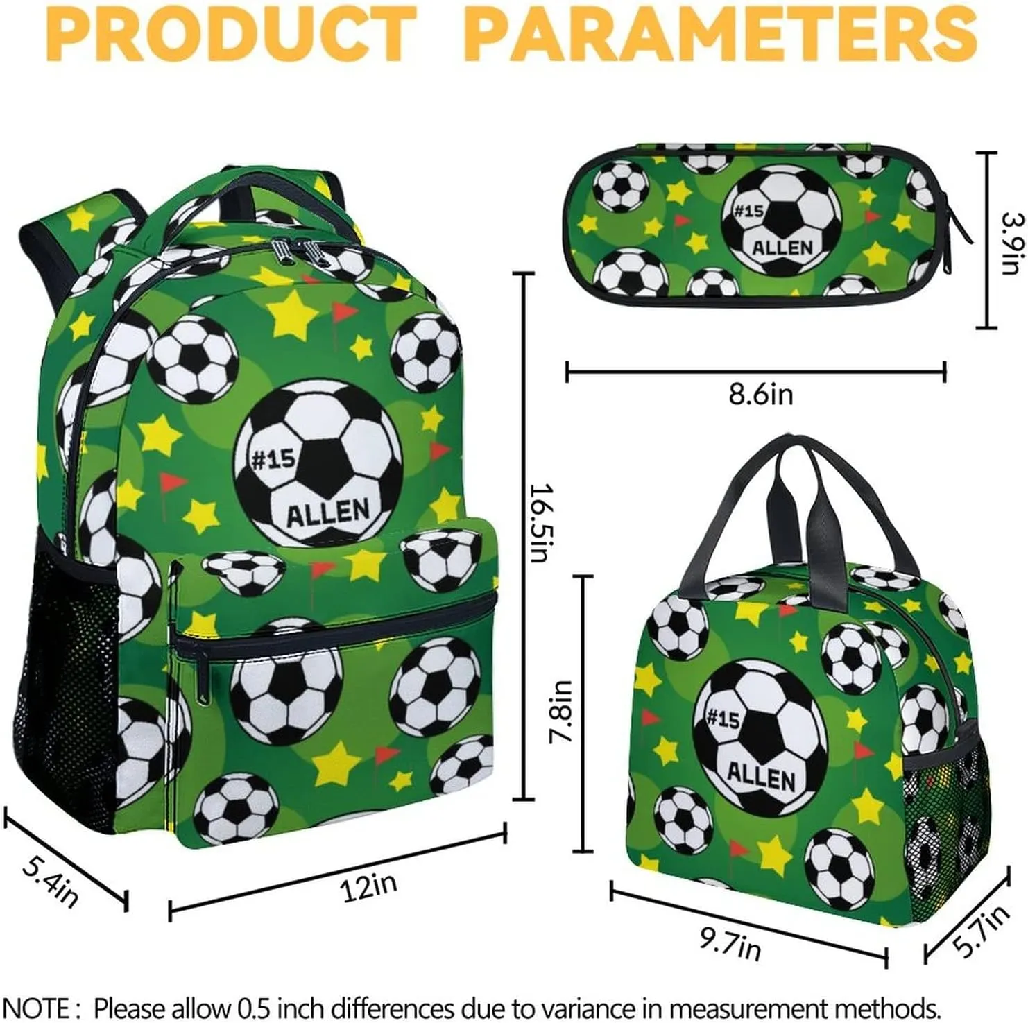 Mercuryelf Personalized Soccer Boys Girls Backpack with Lunch Box Set, 3 in 1 School Travel Backpacks Matching Combo, Fashion Green Bookbag and Pencil Case Bundle