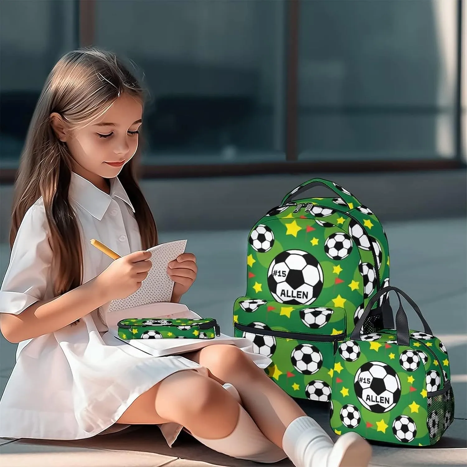 Mercuryelf Personalized Soccer Boys Girls Backpack with Lunch Box Set, 3 in 1 School Travel Backpacks Matching Combo, Fashion Green Bookbag and Pencil Case Bundle