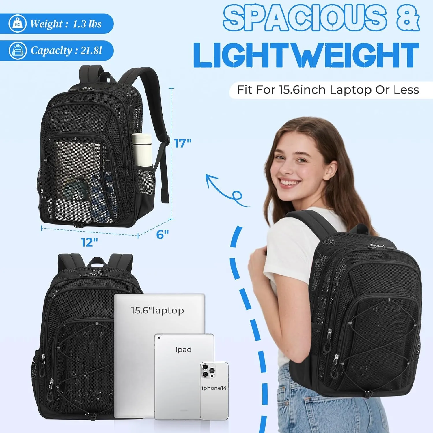 Mesh Backpack, Heavy Duty Mesh Bookbag for Girls Boys Kids, See Through Clear Backpacks, Net Backpack Transparent Breathable for School Beach Swim Travel Outdoor, Black