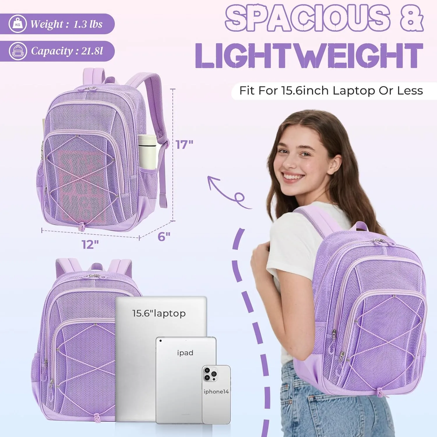 Mesh Backpack, Heavy Duty Mesh Bookbag for Girls Boys Kids, See Through Clear Backpacks, Net Backpack Transparent Breathable for School Beach Swim Travel Outdoor, Purple