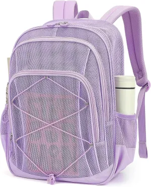 Mesh Backpack, Heavy Duty Mesh Bookbag for Girls Boys Kids, See Through Clear Backpacks, Net Backpack Transparent Breathable for School Beach Swim Travel Outdoor, Purple