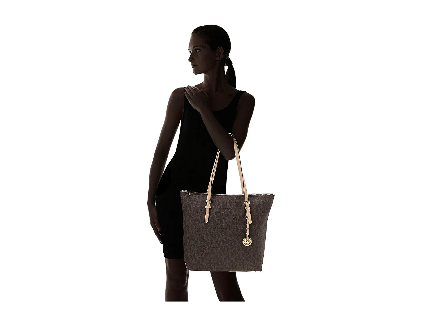 Michael Kors Large Jet Set Logo Top-Zip Logo Monogram Shoulder Tote