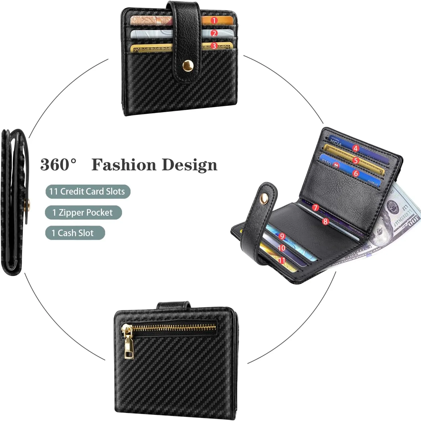 Minimalist Bifold Wallet RFID Credit Card Wallet Card Holder for Women or Men, Black Carbon Fiber