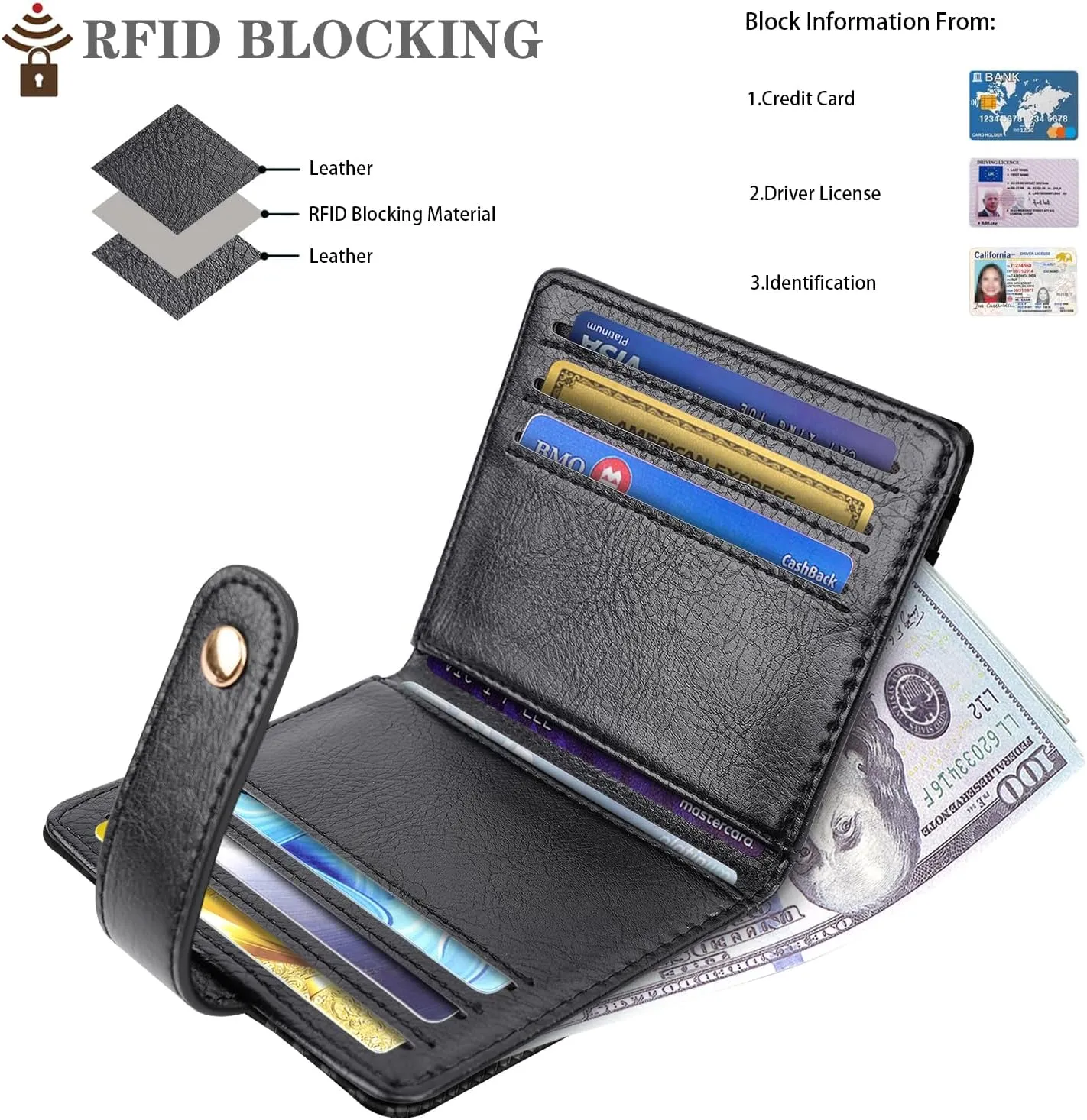 Minimalist Bifold Wallet RFID Credit Card Wallet Card Holder for Women or Men, Black Carbon Fiber