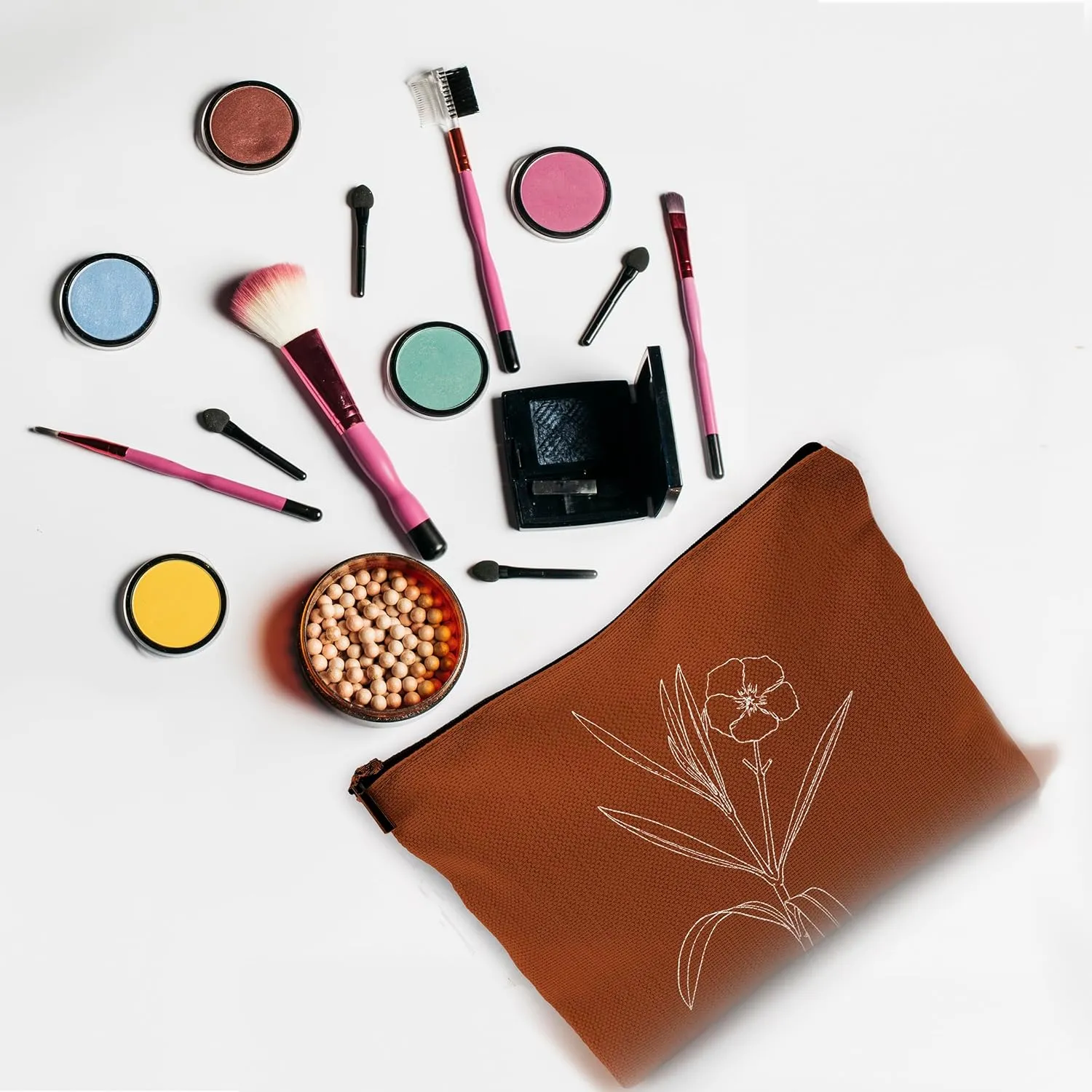 Minimalist Boho Flowers Floral Makeup Bag Travel Cosmetic Bags,Boho Mid Century Modern Art Cosmetic Makeup Bags with Zipper Pouch Travel Toiletry Case,Boho Gifts for Women