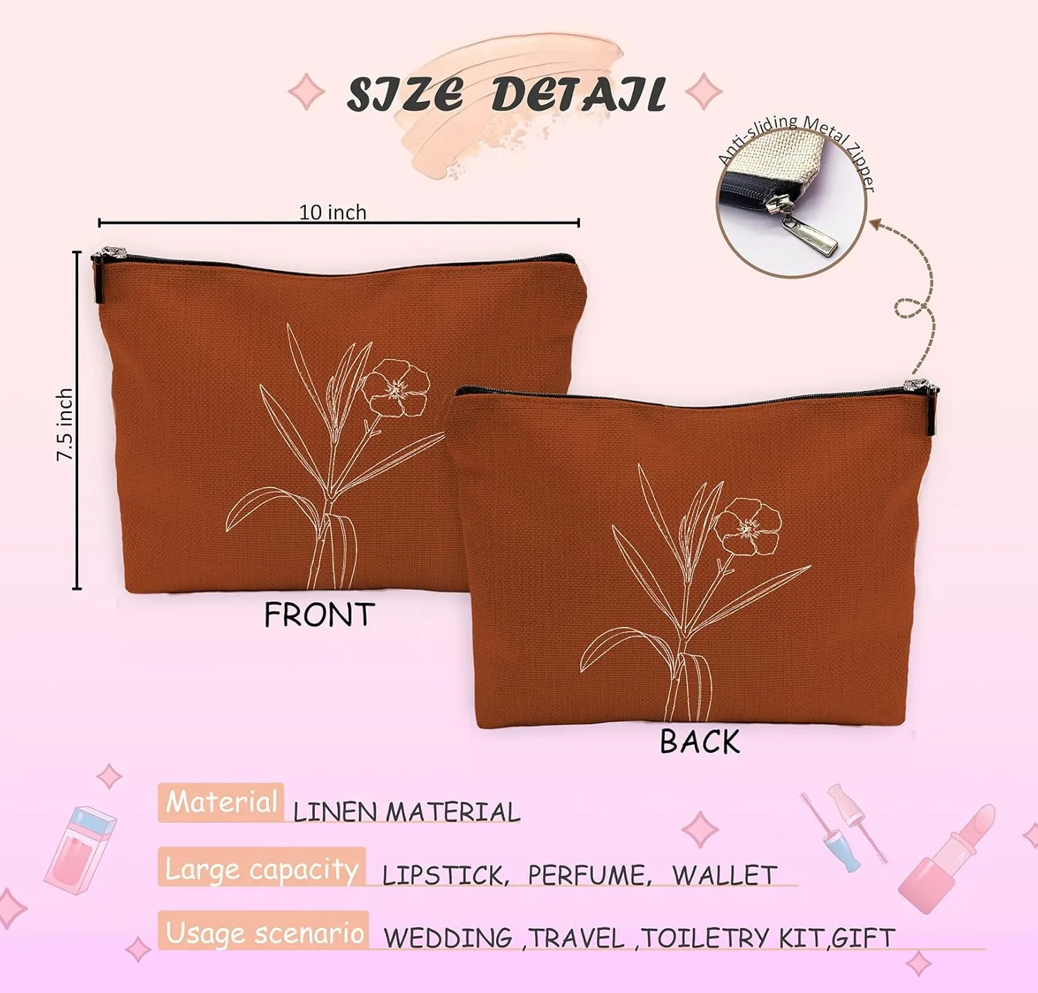 Minimalist Boho Flowers Floral Makeup Bag Travel Cosmetic Bags,Boho Mid Century Modern Art Cosmetic Makeup Bags with Zipper Pouch Travel Toiletry Case,Boho Gifts for Women