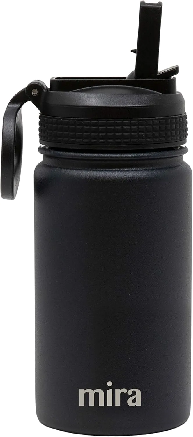 MIRA 12 oz Small Insulated Water Bottle for Cold Drinks | Leak-Proof Stainless Steel with Straw Lid for Travel, Hiking, Gym - Black