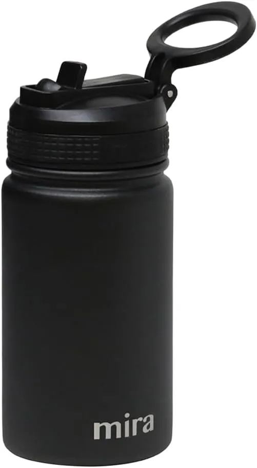 MIRA 12 oz Small Insulated Water Bottle for Cold Drinks | Leak-Proof Stainless Steel with Straw Lid for Travel, Hiking, Gym - Black